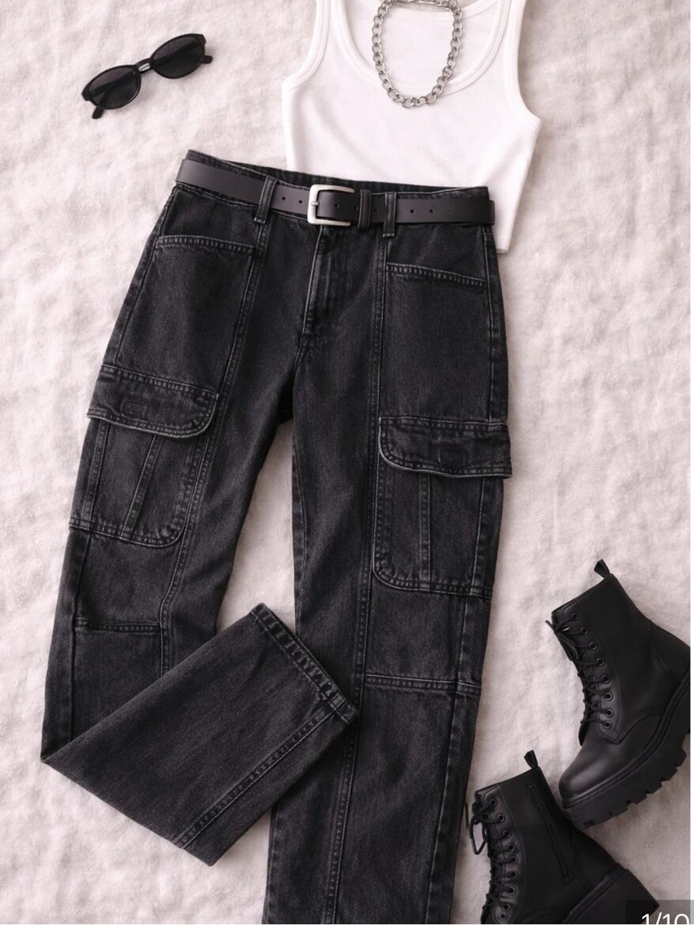 ZARA Women’s Black Cargo Denim Utility Straight Leg Jeans Streetwear Size US 4